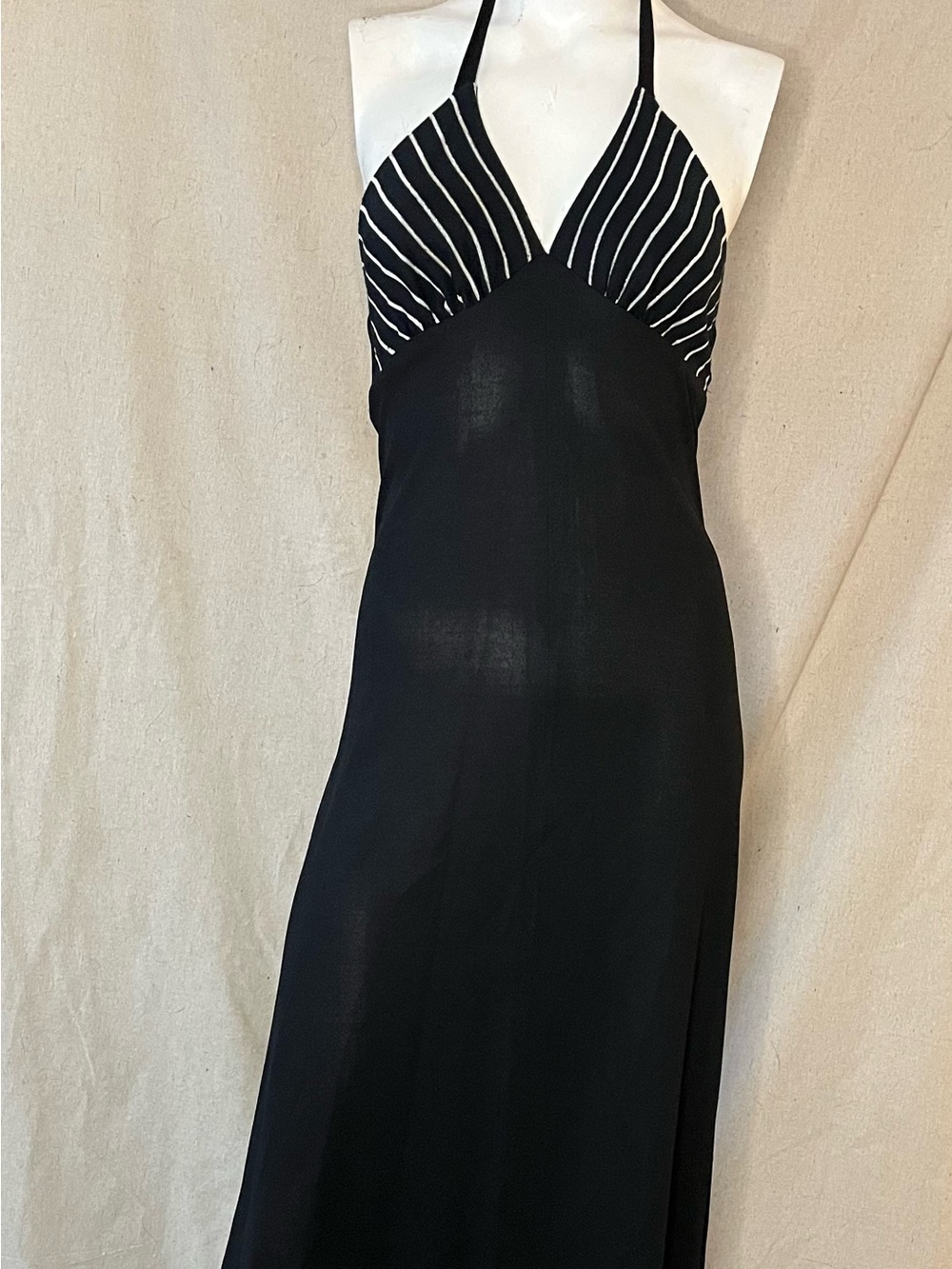 The Vintage 70s Disco Black Striped Halter Dress by Young Edwardian size s